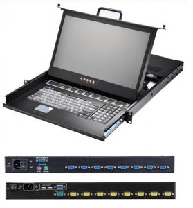 AMK508-17CBRU, консоль 1U, 17,3'' LCD монитор, 1600 x 900, single rail, набор кабелей 8 x 1.8m VGA/KB/Mouse PS/2 и USB, KVM переключатель на 8 компьютеров, русифицированная клавиатура, Touchpad