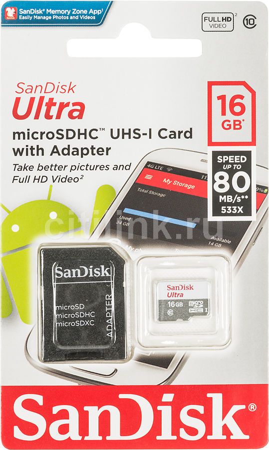 Карта памяти microSDHC UHS-I SANDISK Ultra 80 16 ГБ, 80 МБ/с, 533X, Class 10, SDSQUNS-016G-GN3MA,  1 шт., переходник SD